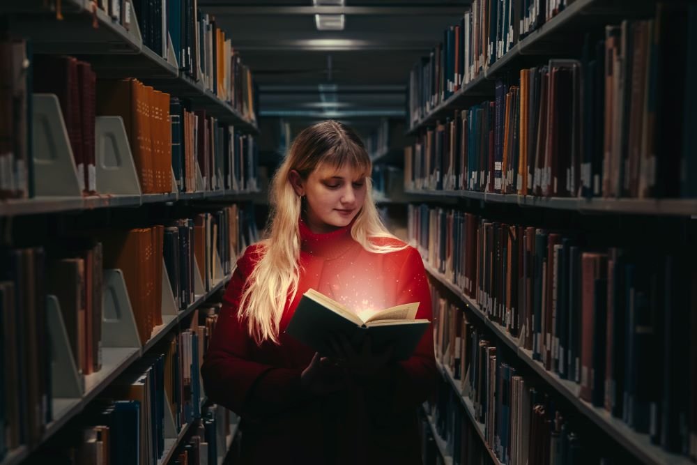 Mulher segurando livro aberto que emite luz entre prateleiras da biblioteca.