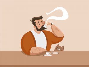 Dribbble - Maxim Temchenko Ilustração de um homem sentado em uma mesa, bebendo café, ao lado de um gato.
