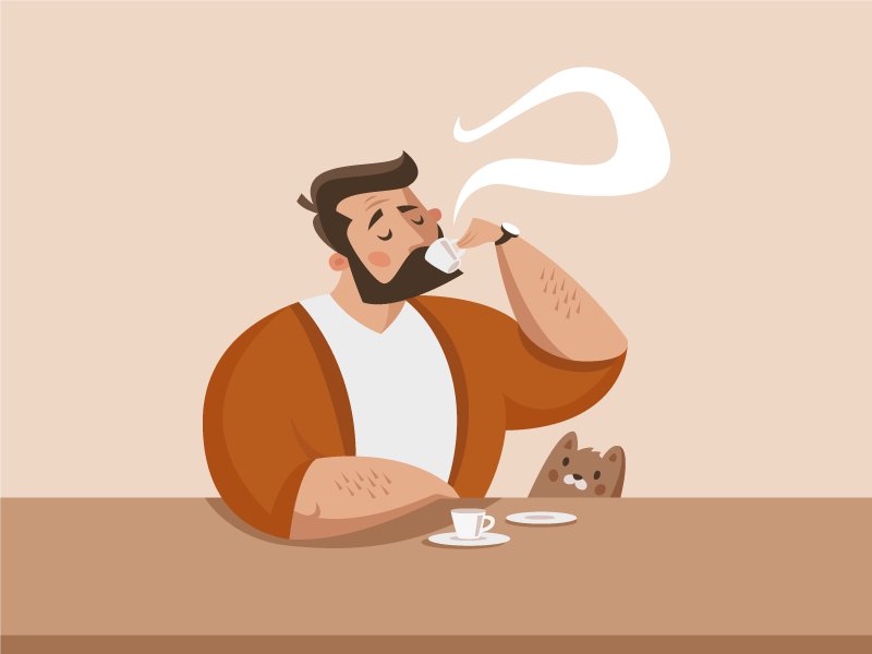 Ilustração de um homem sentado em uma mesa, bebendo café, ao lado de um gato.