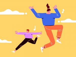 Dribbble - neroya Ilustração de um homem e uma mulher pulando no céu, cantando.