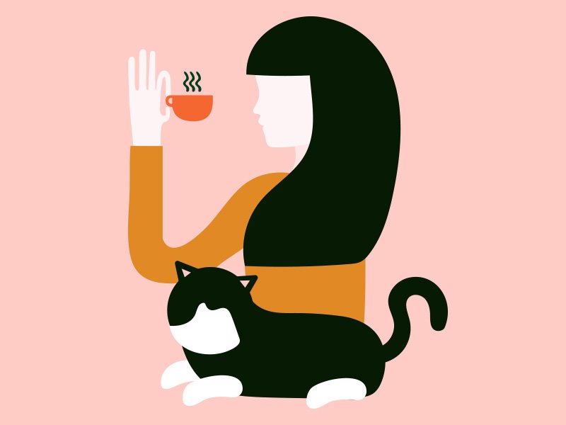 Ilustração de uma mulher tomando café ao lado de um gato.