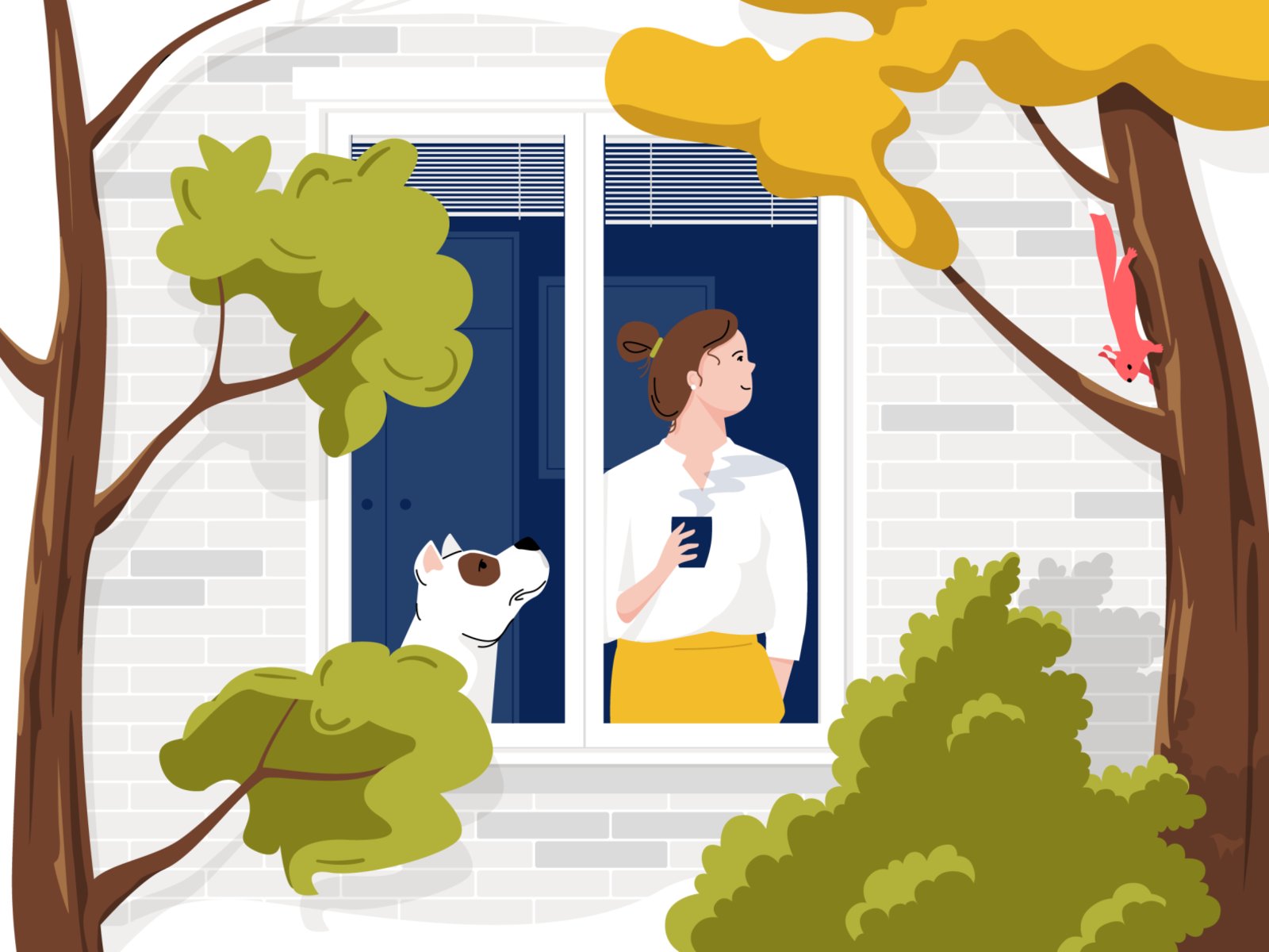 Ilustração de uma mulher olhando pela janela, ao lado de seu cachorro, em pé, enquanto toma uma xícara de chá.