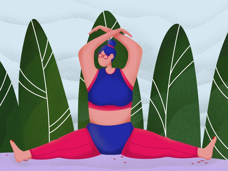 Ilustração de uma mulher fazendo yoga no chão.