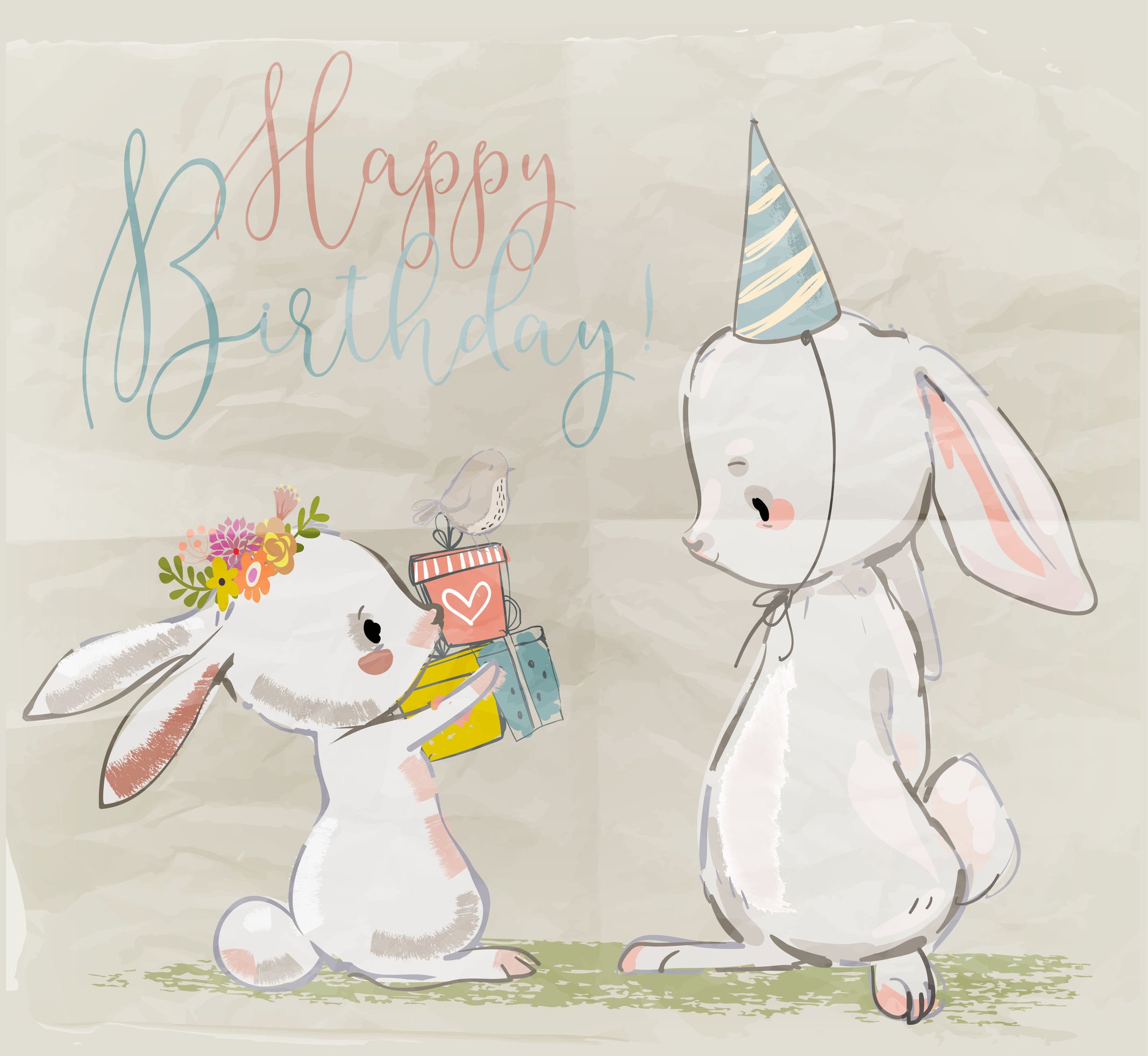 Ilustração de dois coelhos com elementos de aniversário