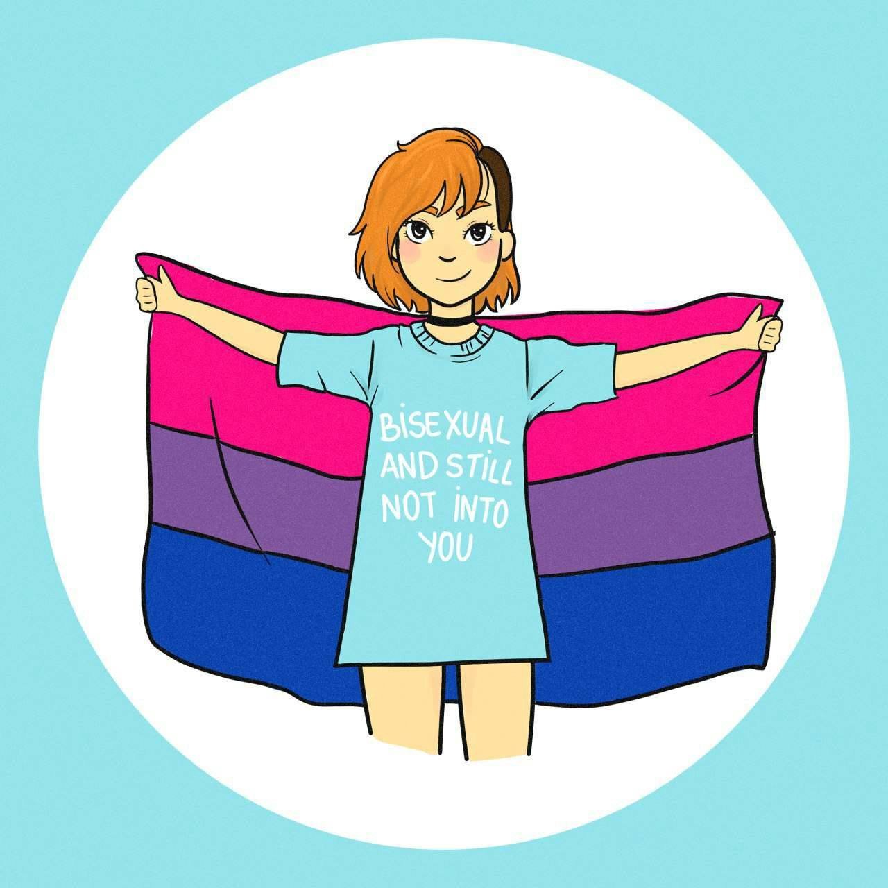 Ilustração de uma garota que segura bandeira bissexual com os braços abertos e veste uma camisa com os dizeres “Bisexual and still not into you” — “Bissexual e ainda assim não afim de você”