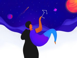 Dribbble/Ahila Pillai Ilustração de uma mulher tocando constelações de estrelas.