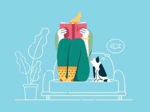 Dribbble/v Ilustração de uma mulher sentada no sofá, lendo um livro, ao lado do seu gato.