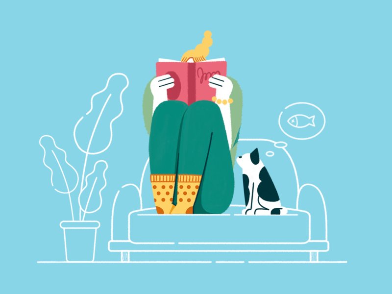 Ilustração de uma mulher sentada no sofá, lendo um livro, ao lado do seu gato.