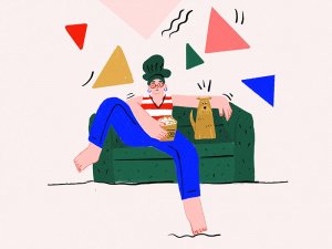 Dribbble/Vyara Ivanova Ilustração de uma mulher sentada no sofá com um balde de pipoca, ao lado do seu cachorro.