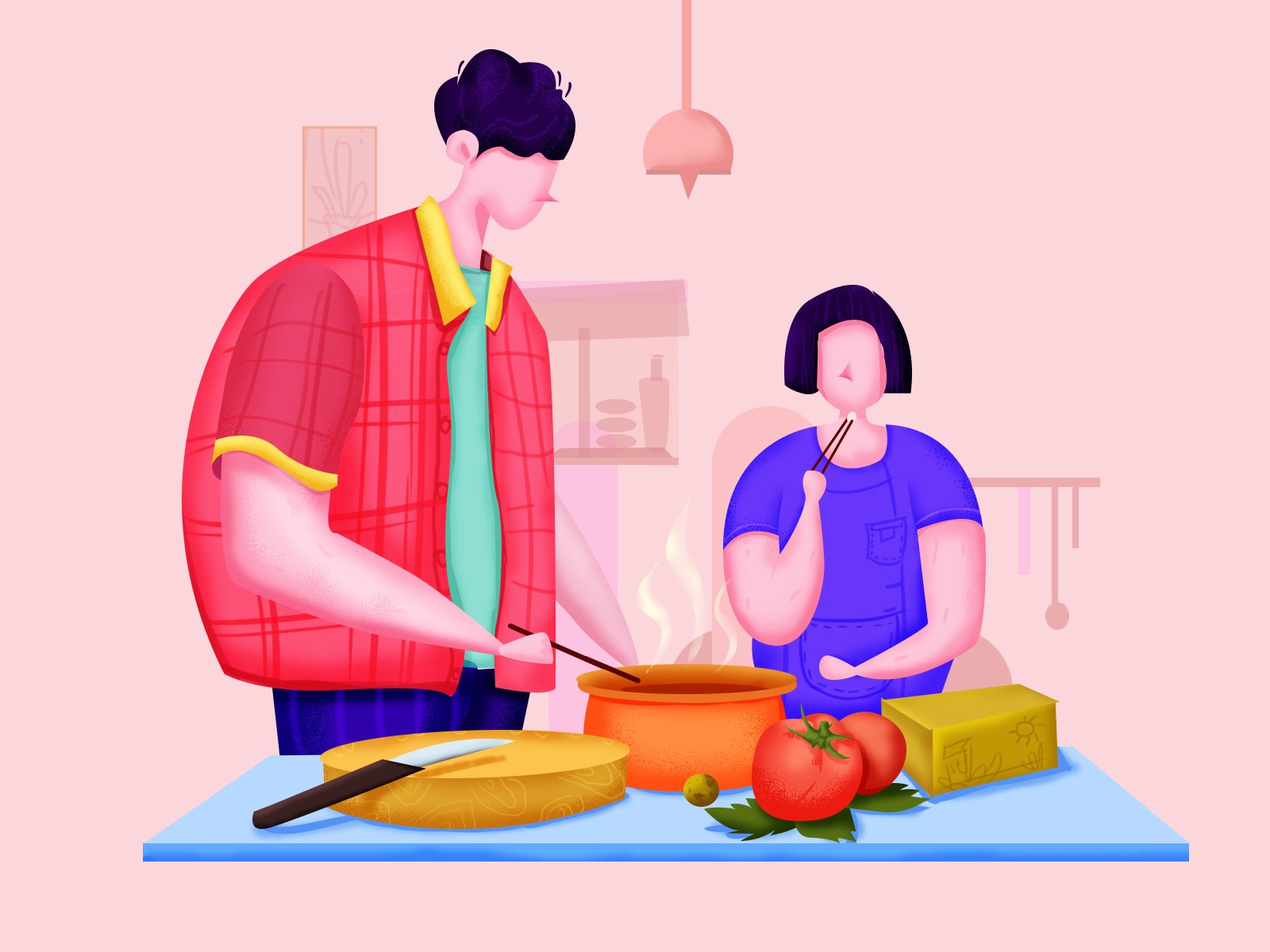 Ilustração de um homem e uma mulher cozinhando sopa na cozinha.
