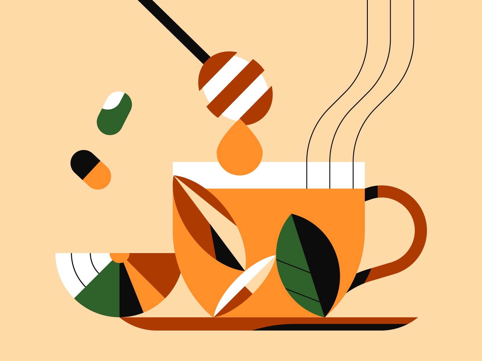Ilustração de uma xícara de chá sendo adoçada com mel.