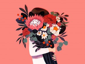 Dribbble/Moni Ilustração de uma mulher segurando um buquê de flores.