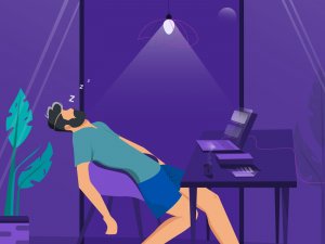 Dribbble/Sanni sahil ilustração de um homem dormindo em uma cadeira, em frente a uma mesa de escritório.