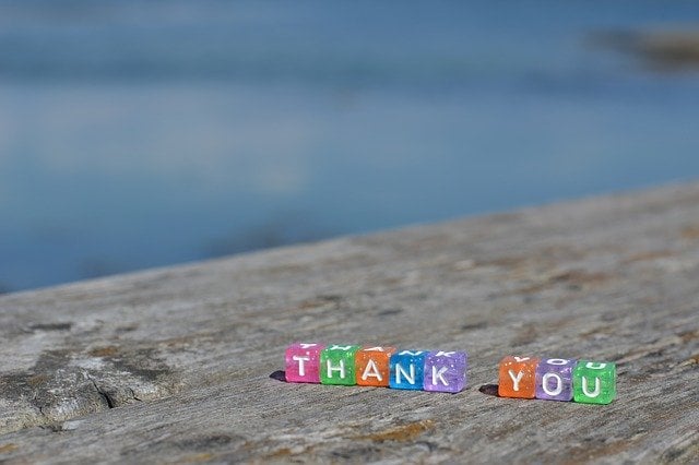 Dados coloridos formando as letras das palavras 'Thank You' (obrigado, em inglês)