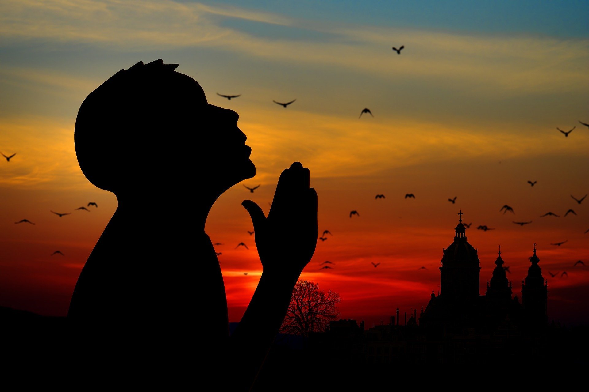Silhueta de menino orando de mãos dadas com a cabeça direcionada ao céu com pôr do sol ao fundo