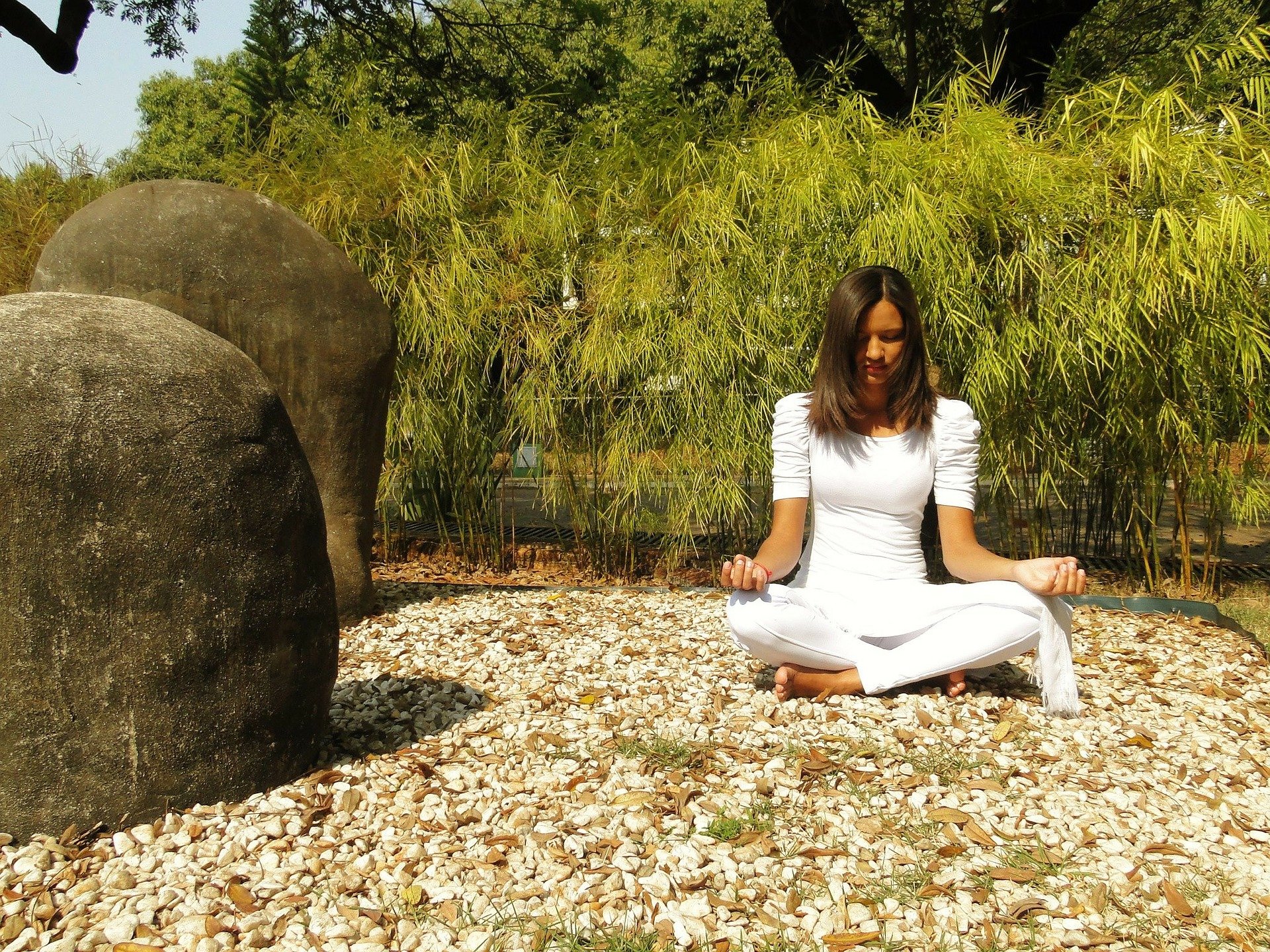 Pixabay Mulher sentada com as pernas cruzadas em jardim