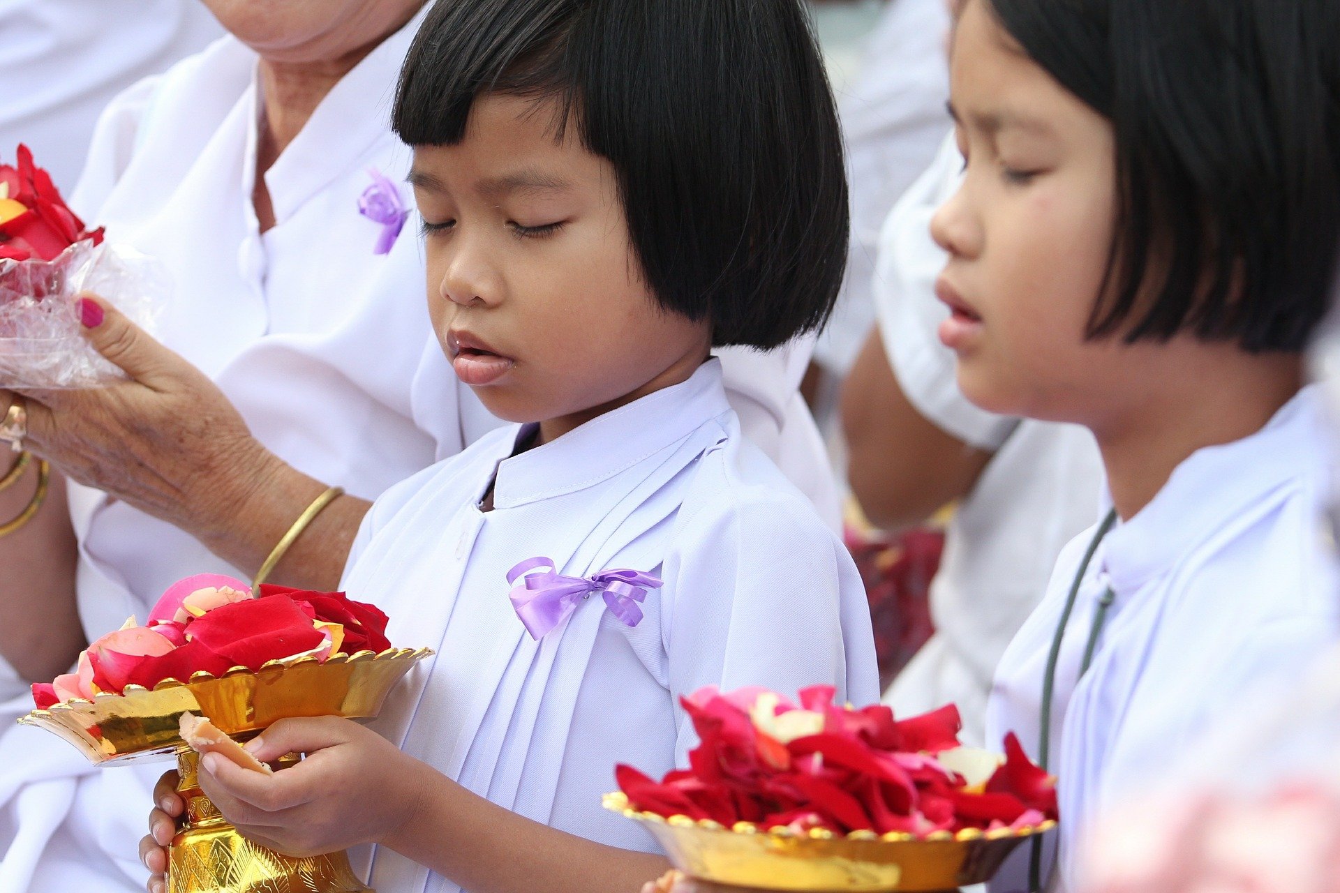 Meninas vestindo branco, orando com os olhos fechados enquanto seguram cálices dourados cheios de pétalas de flores