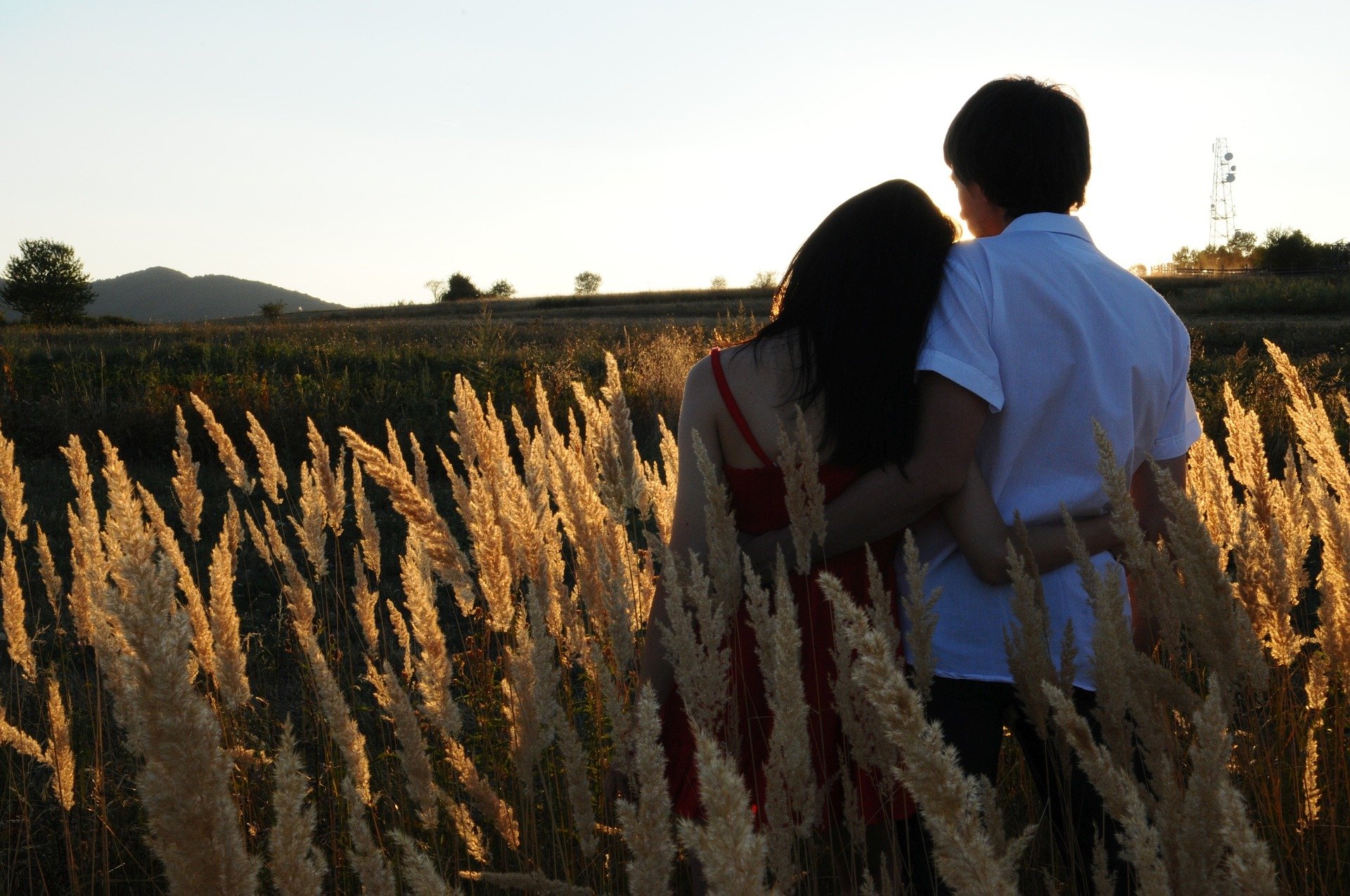 Homem abraçando mulher observando a paisagem em um campo de alfazemas