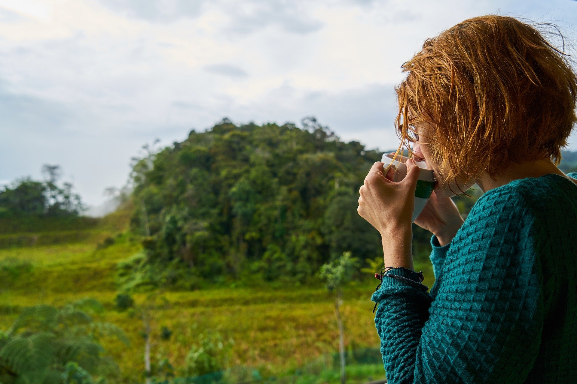 Mulher tomando café observando paisagem rural