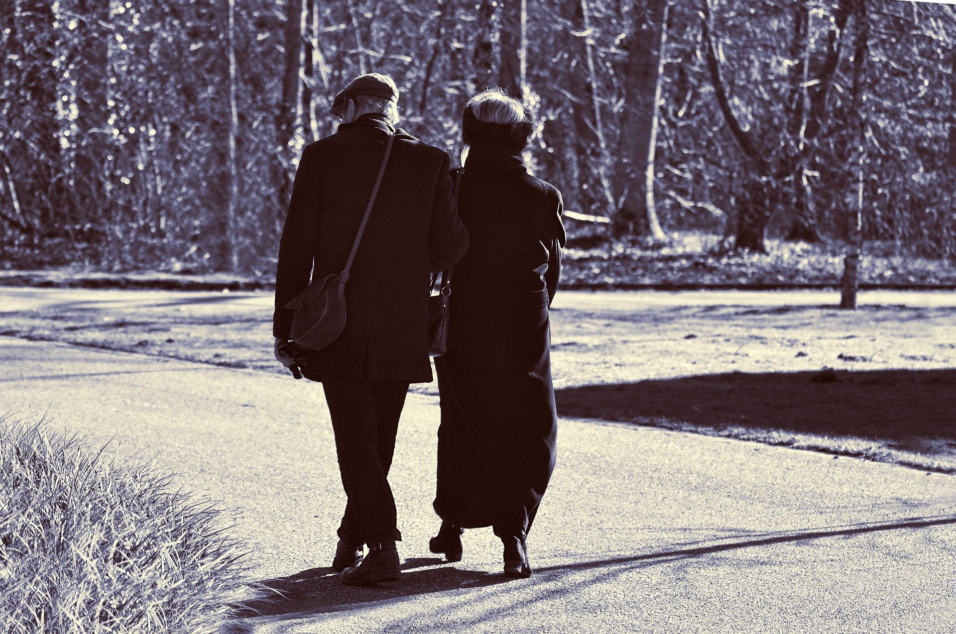 Casal de idosos caminhando