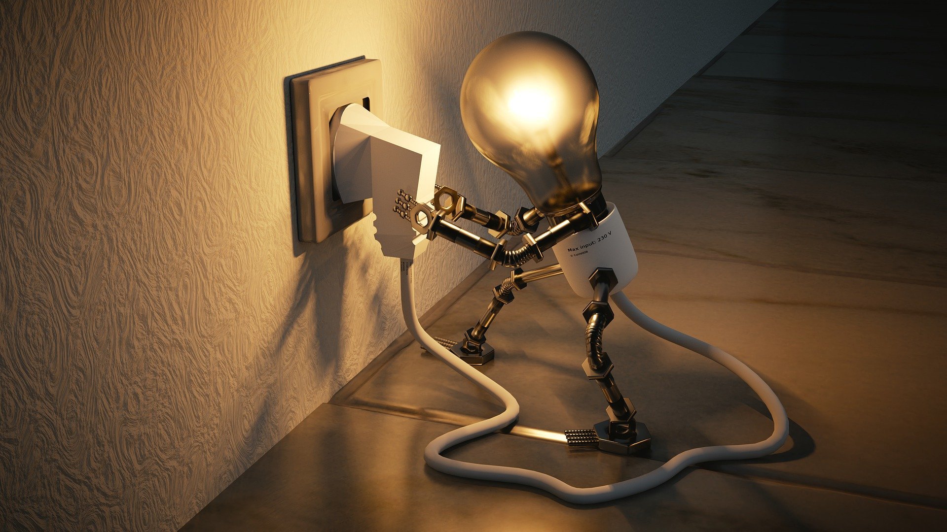 Ilustração gráfica de boneco de lâmpada conectando seu próprio fio de energia na tomada, representando criatividade