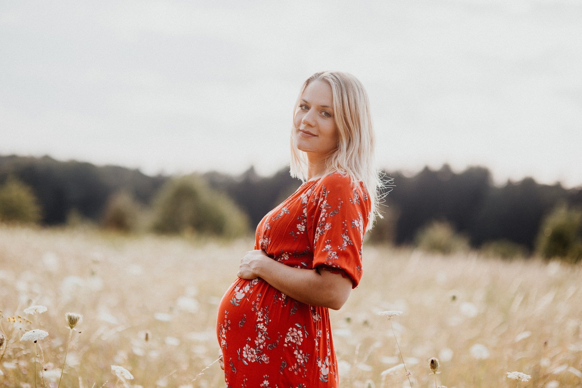 Mulher grávida com as mãos na barriga em meio de campo de vegetação