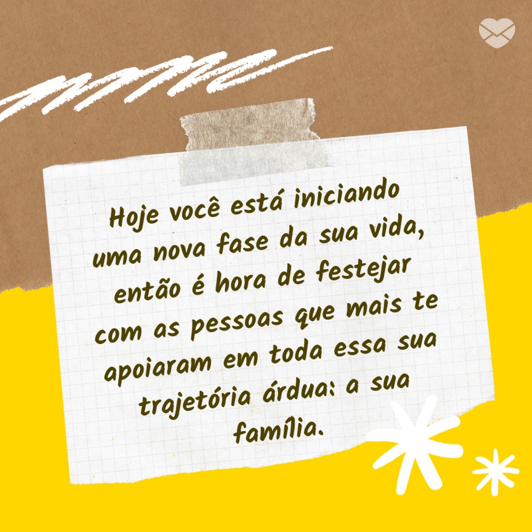 Mensagens Com Amor/ Canva 'Hoje você está iniciando uma nova fase da sua vida, então é hora de festejar com as pessoas que mais te apoiaram em toda essa sua trajetória árdua: a sua família.' -