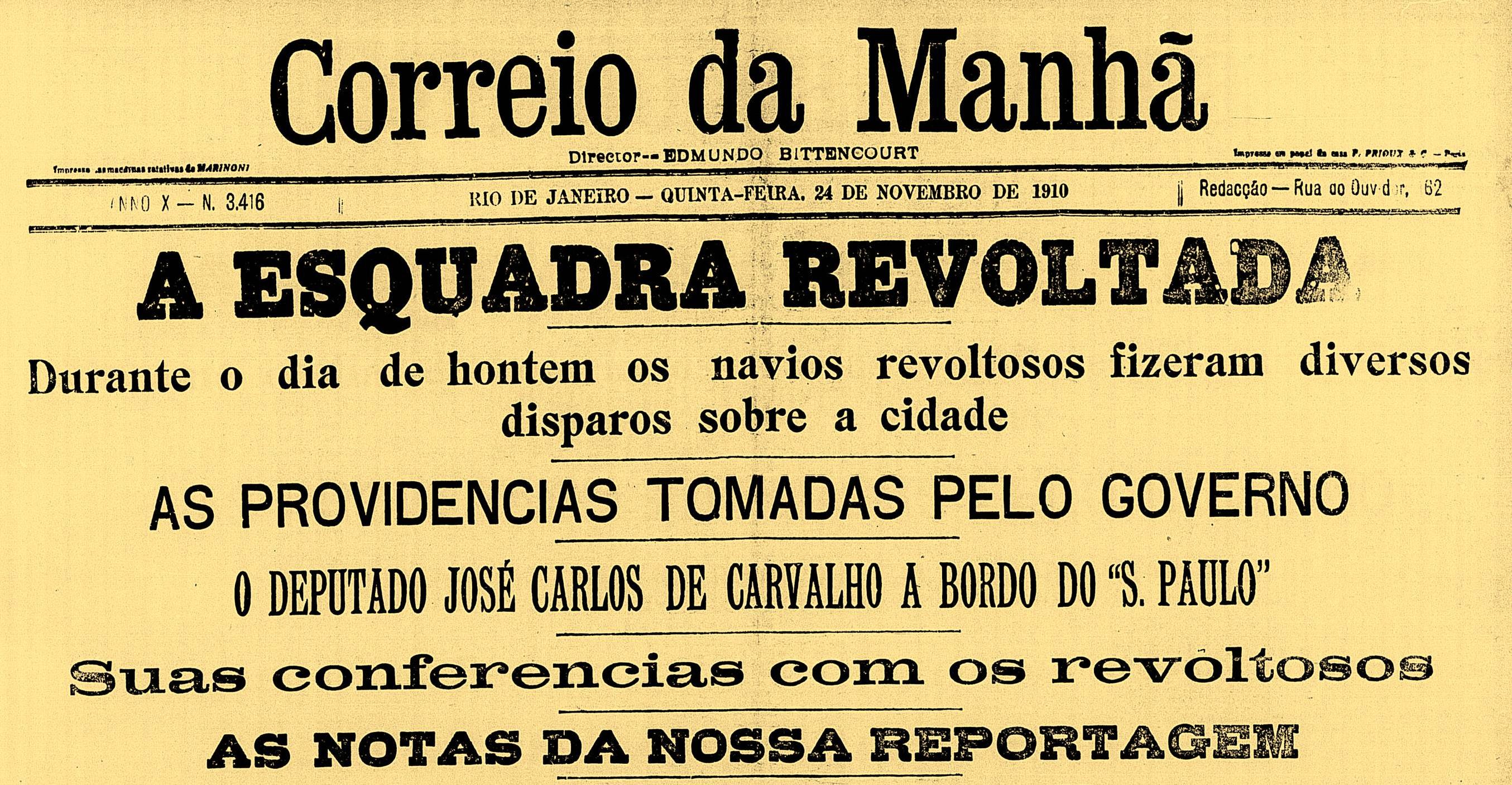 Jornal 'Correio da Manhã' em 1910 retrata a revolta da esquadra marinheira em sua manchete