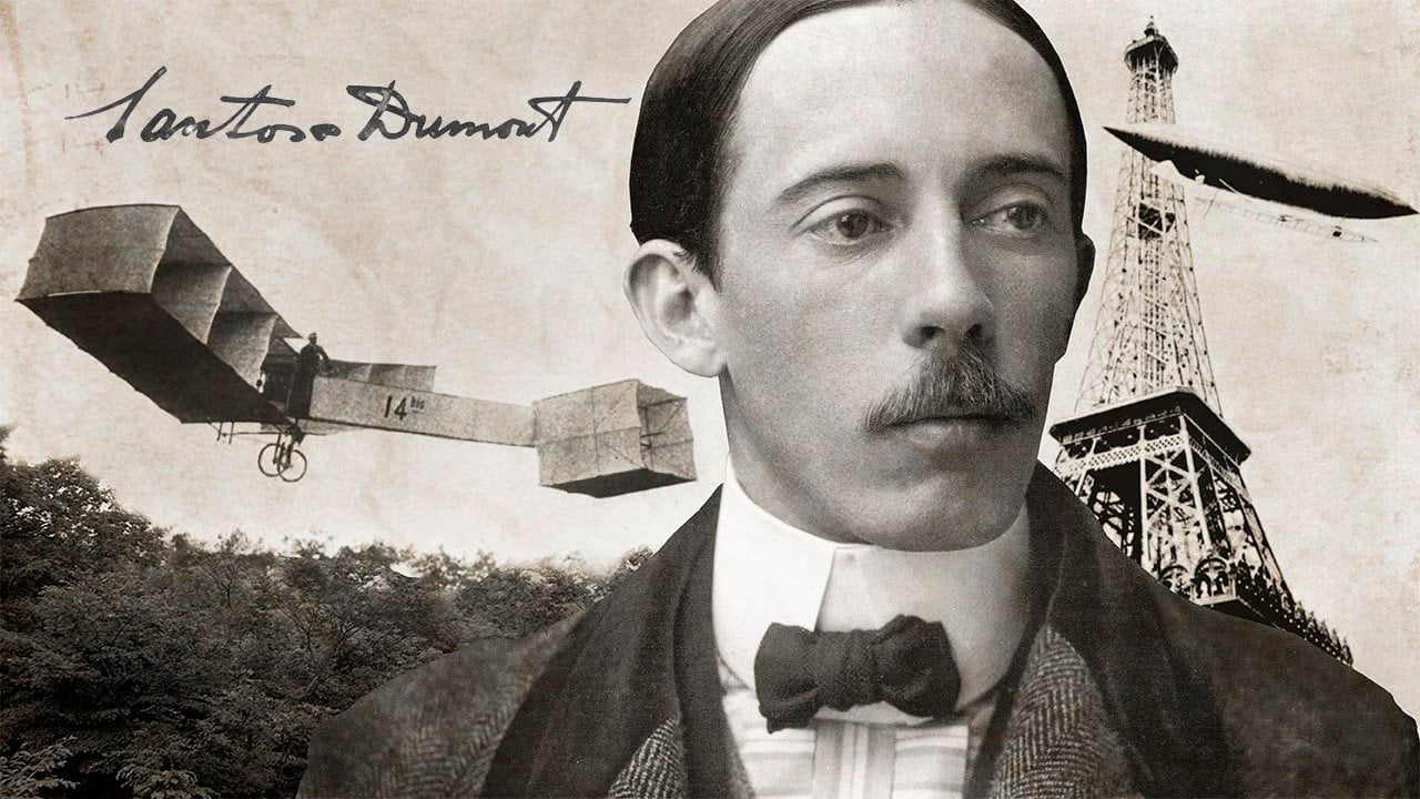 Colagem com foto de Santos Dumont, sua assinatura, seu avião e a torre Eiffel