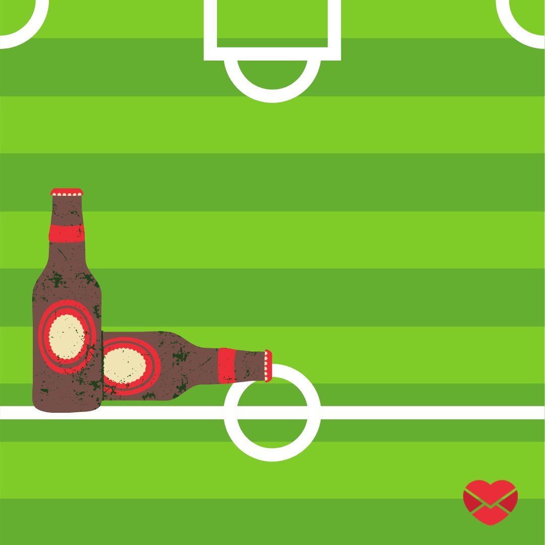 Ilustração de garrafas de cerveja em campo de futebol
