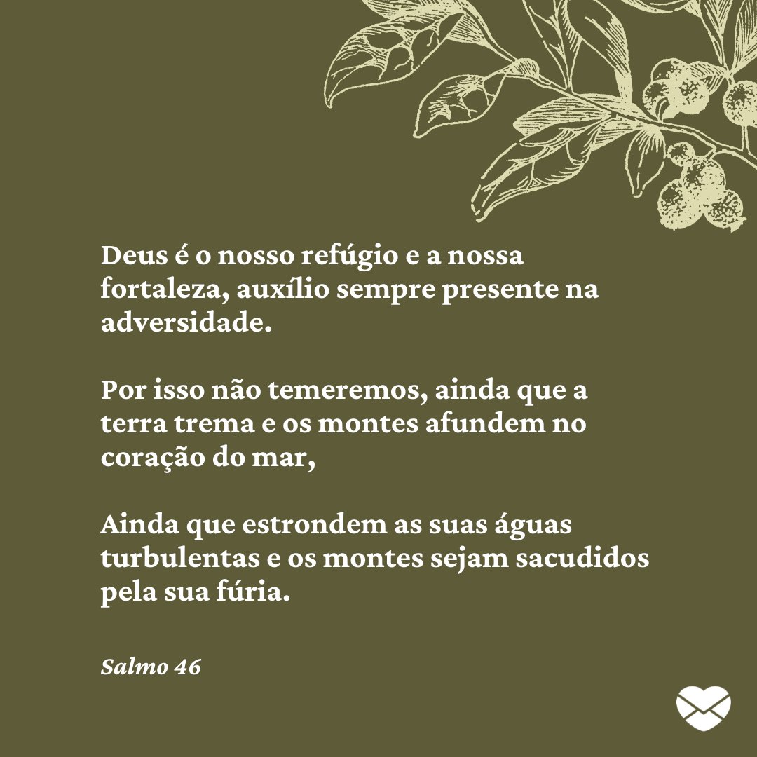 'Deus é o nosso refúgio e a nossa fortaleza, auxílio sempre presente na adversidade.  Por isso não temeremos, ainda que a terra trema e os montes afundem no coração do mar,   Ainda que estrondem as suas águas turbulentas e os montes sejam sacudidos pela sua fúria.' -  Mensagens de salmos