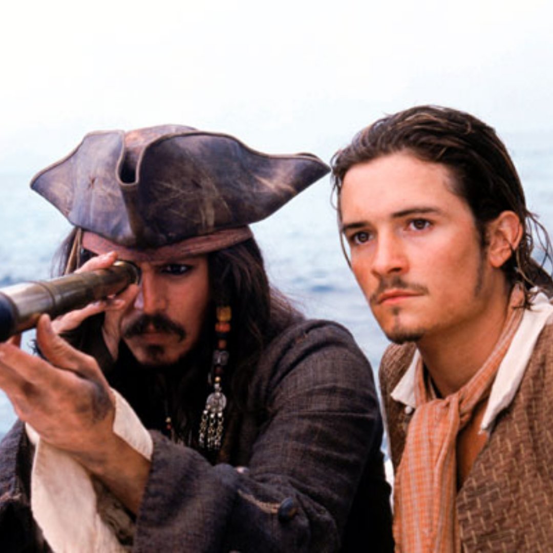 Johnny Depp e Orlando Bloom como Jack Sparrow e Will Turner na série de filmes Piratas do Caribe