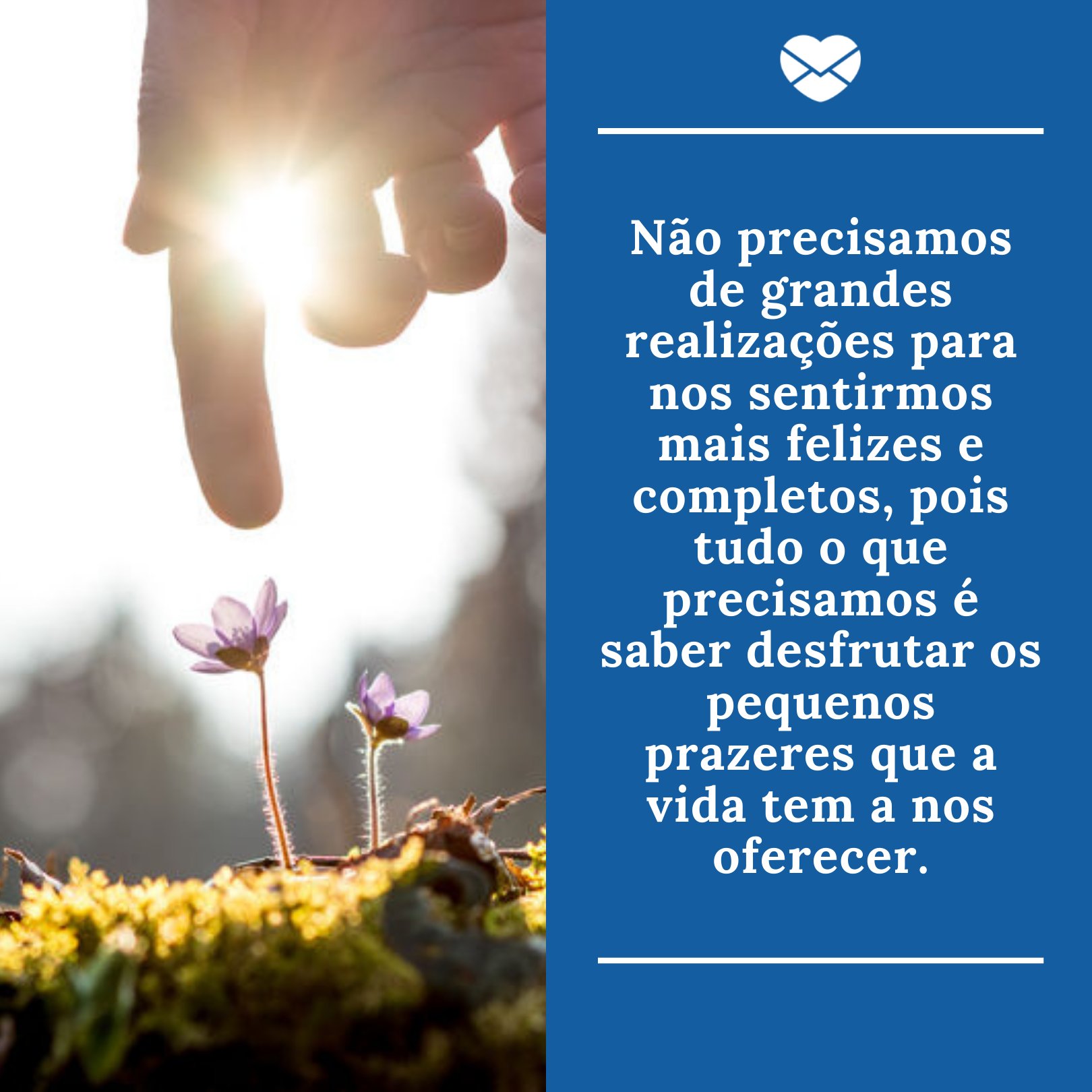 'Não precisamos de grandes realizações para nos sentirmos mais felizes e completos, pois tudo o que precisamos é saber desfrutar os pequenos prazeres que a vida tem a nos oferecer.' - Esperança de dias melhores