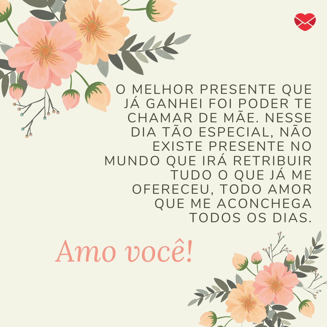 'O melhor presente que já ganhei foi poder te chamar de mãe. Nesse dia tão especial, não existe presente no mundo que irá retribuir tudo o que já me ofereceu, todo amor que me aconchega todos os dias.' - Feliz Aniversário, Mãe