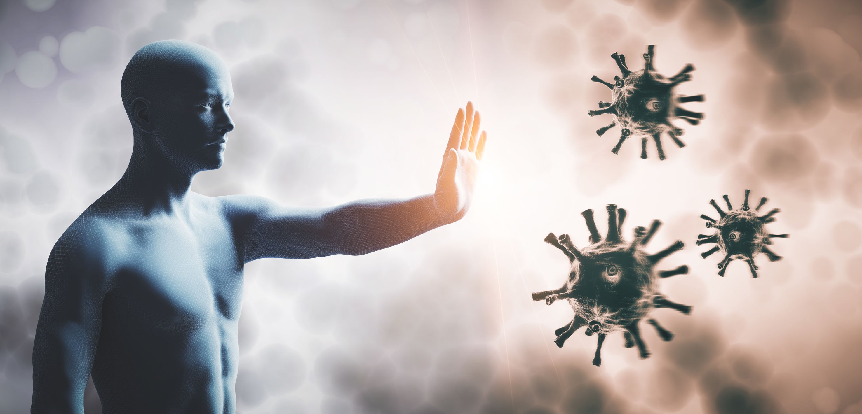Ilustração gráfica de homem fazendo sinal de pare para células de vírus