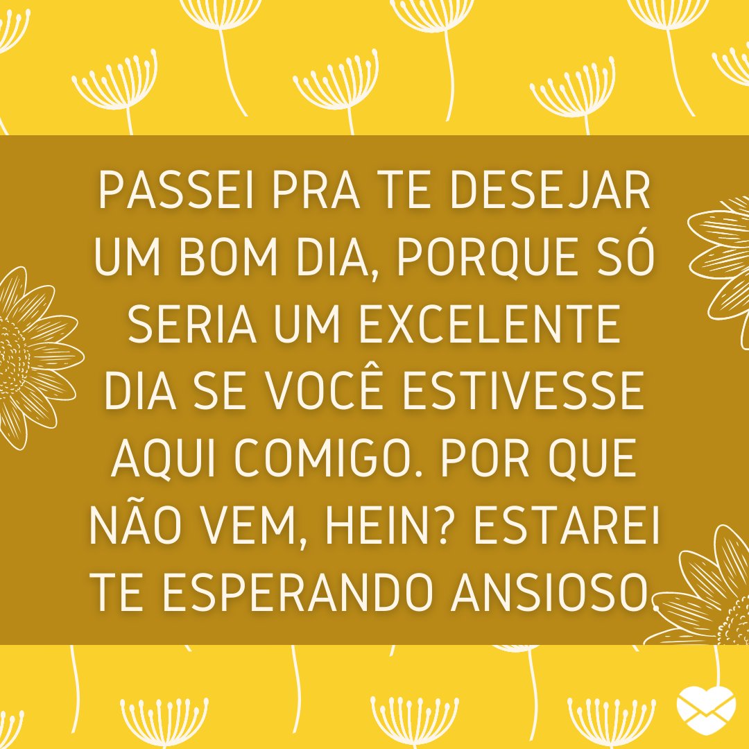 'Passei pra te desejar um bom dia, porque só seria um excelente dia se você estivesse aqui comigo. Por que não vem, hein? Estarei te esperando ansioso.' - Frases de bom dia para crush