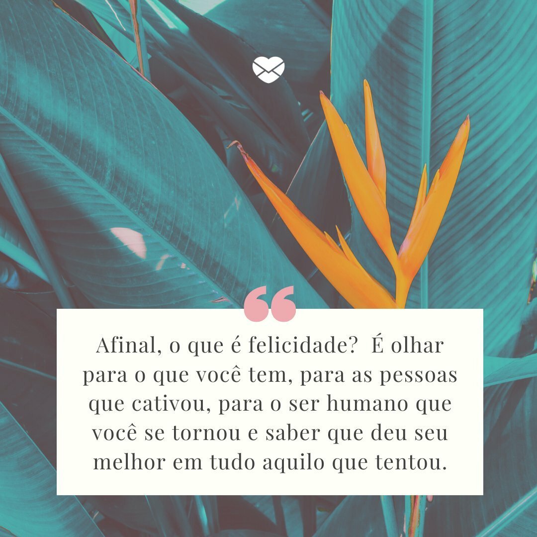 'Afinal, o que é felicidade?  É olhar para o que você tem, para as pessoas que cativou, para o ser humano que você se tornou e saber que deu seu melhor em tudo aquilo que tentou.' -Celebre a felicidade todos os dias