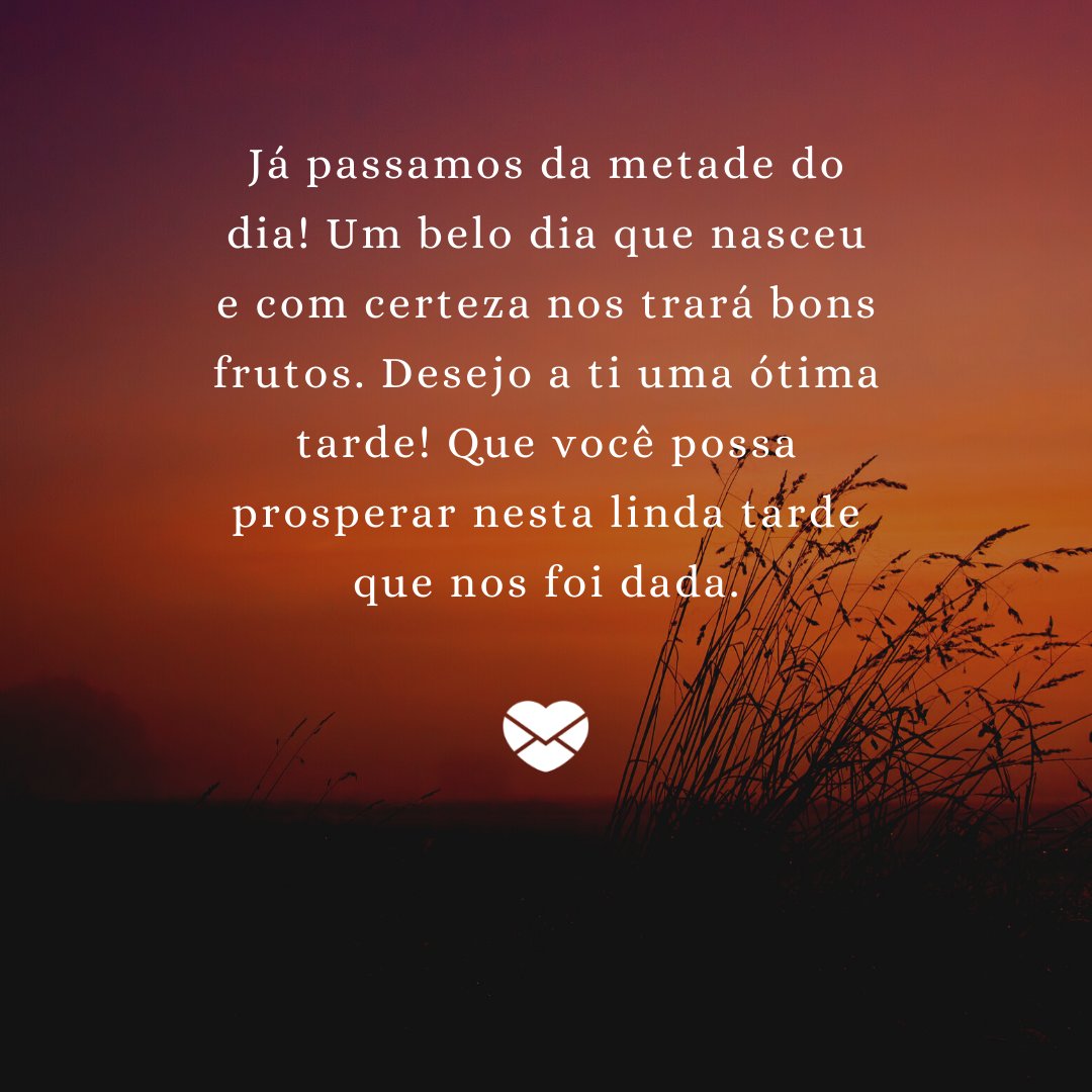 'Já passamos da metade do dia! Um belo dia que nasceu e com certeza nos trará bons frutos. Desejo a ti uma ótima tarde! Que você possa prosperar nesta linda tarde que nos foi dada.' -