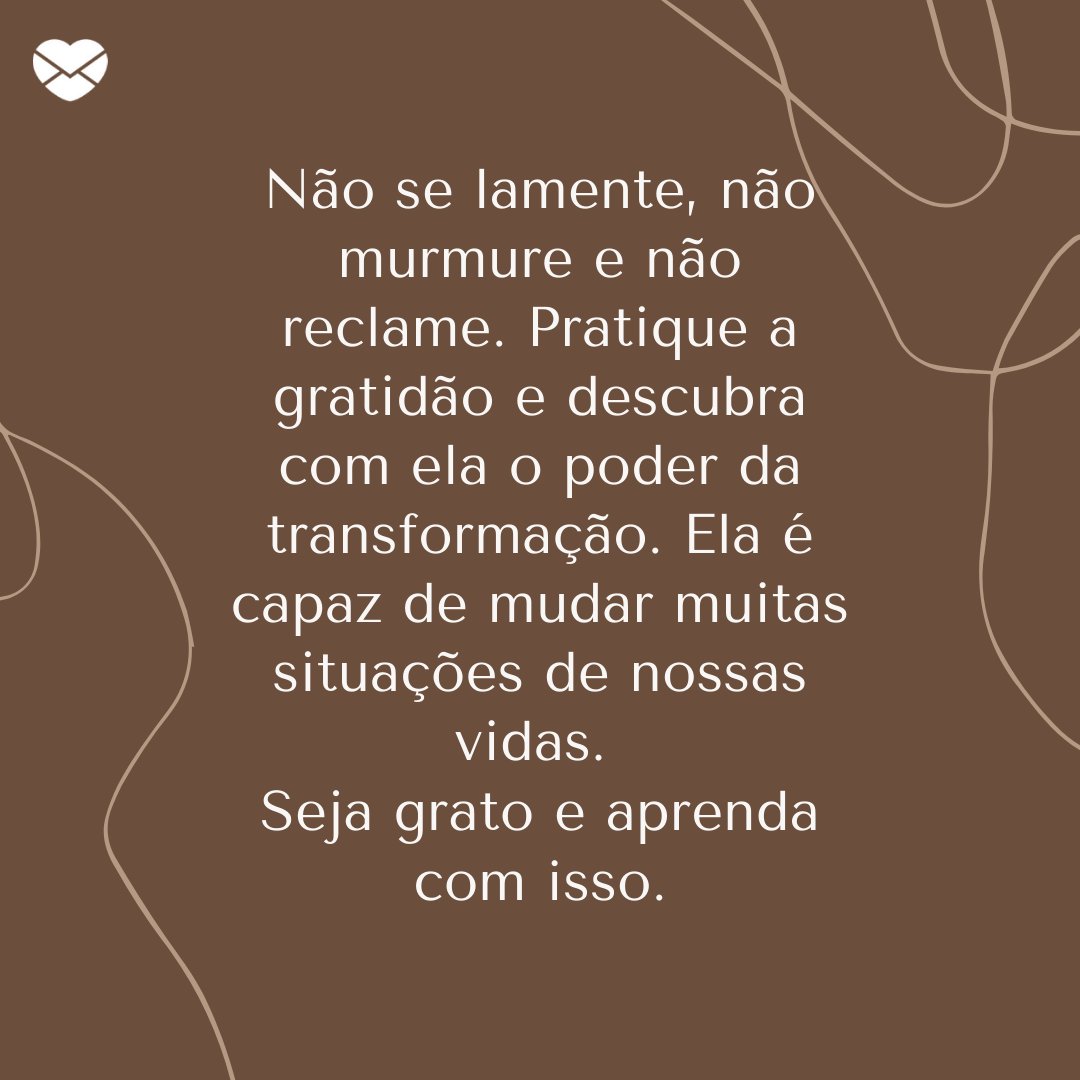 'Não se lamente, não murmure e não reclame. Pratique a gratidão e descubra com ela o poder da transformação. Ela é capaz de mudar muitas situações de nossas vidas. Seja grato e aprenda com isso.' -  Frases de Gratidão