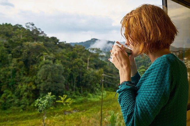 Mulher segurando xícara e olhando para floresta
