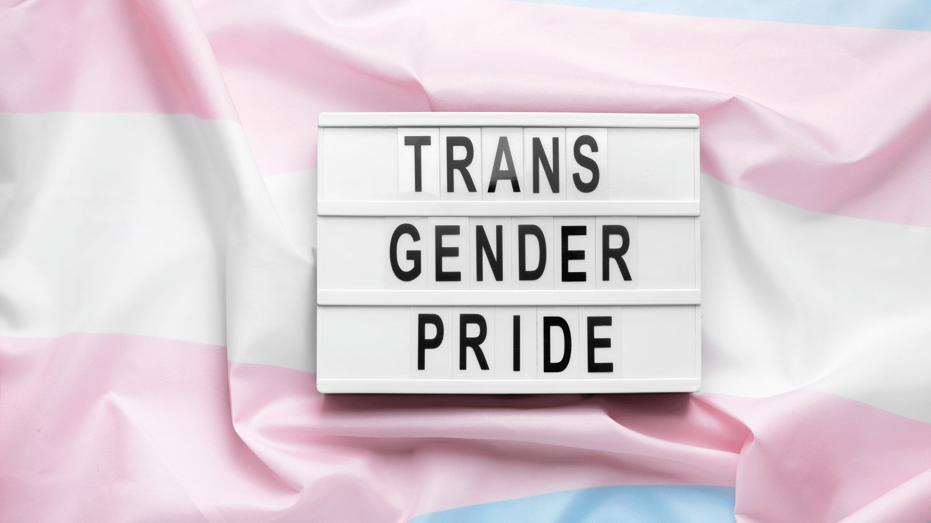 Uma bandeira trans com uma placa em cima com as palavras em inglês 'transgender pride' ou seja 'orgulho transgênero' escritas