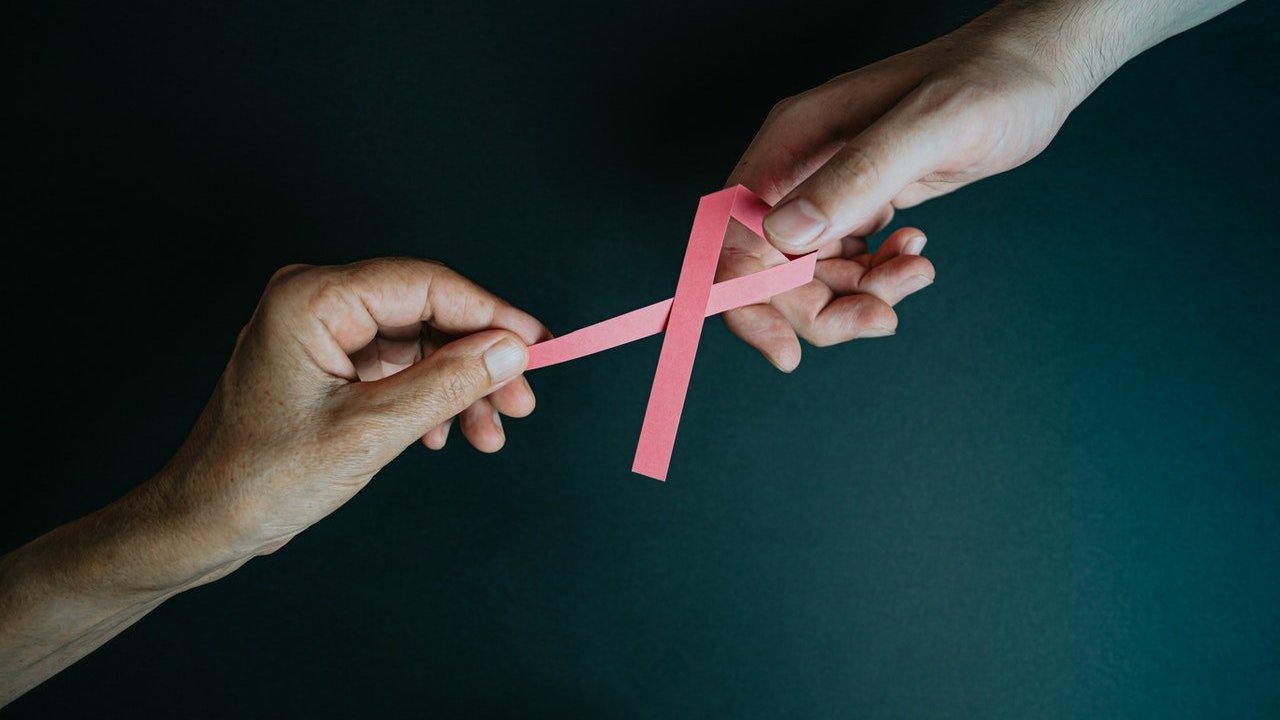 Duas mãos seguram laço rosa representativo do combate ao câncer de mama.