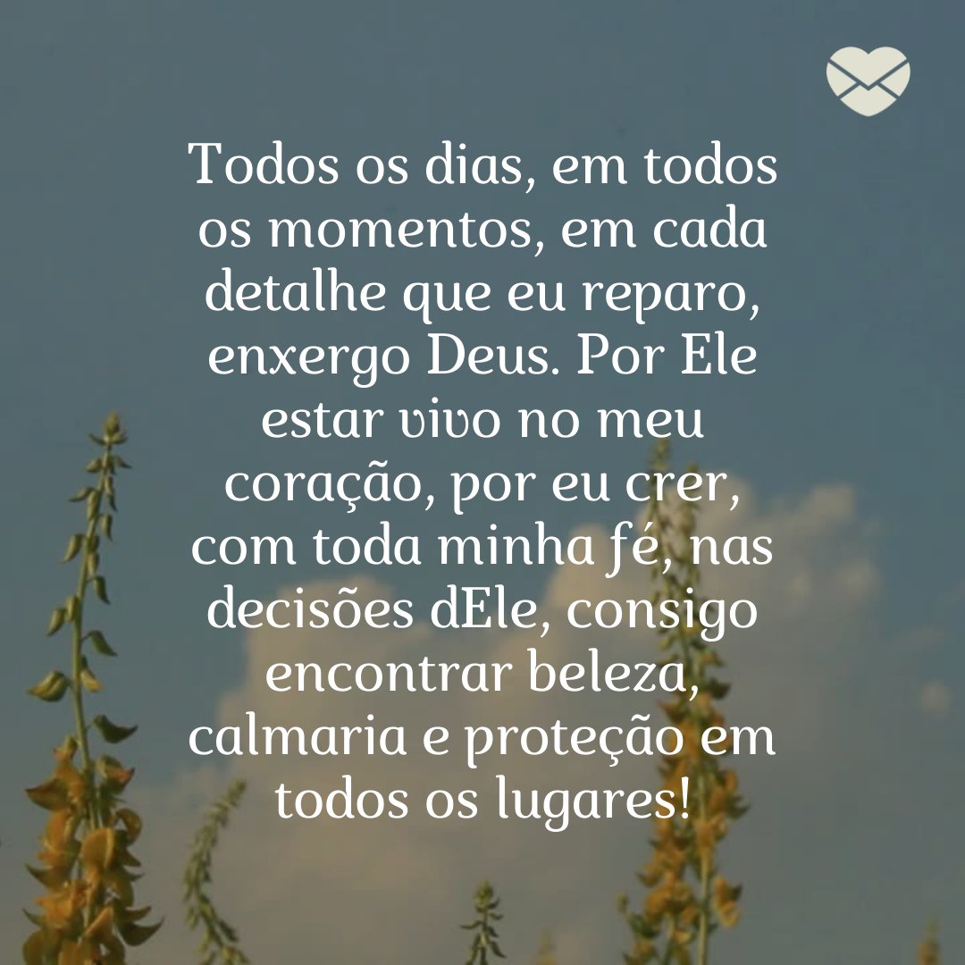 'Todos os dias, em todos os momentos, em cada detalhe que eu reparo, enxergo Deus. Por Ele estar vivo no meu coração, por eu crer, com toda minha fé, nas decisões dEle, consigo encontrar beleza, calmaria e proteção em todos os lugares!' - Lindas mensagens religiosas