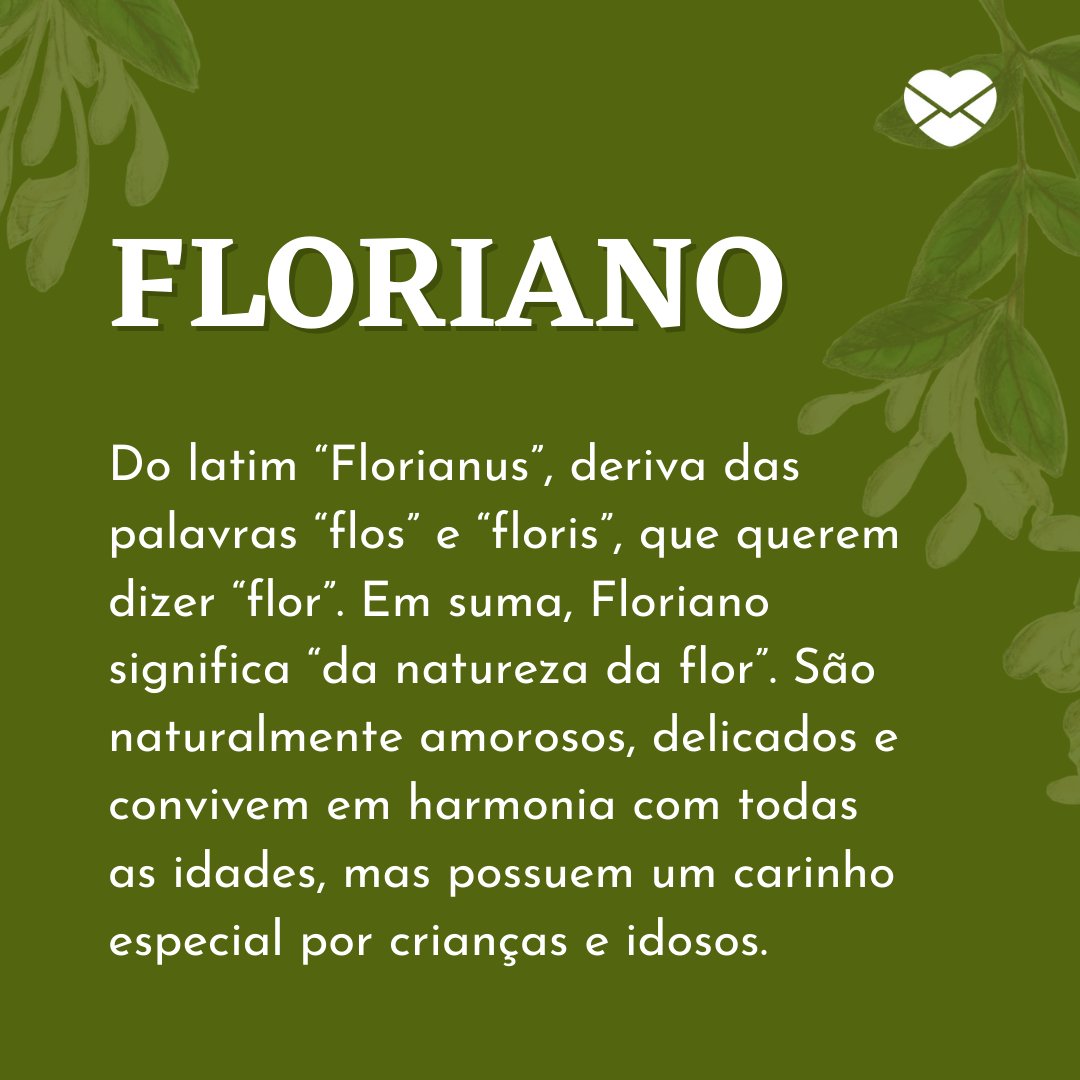 'Floriano Do latim “Florianus”, deriva das palavras “flos” e “floris”, que querem dizer “flor”. Em suma, Floriano significa “da natureza da flor”. São naturalmente amorosos, delicados e convivem em harmonia com todas as idades, mas possuem um carinho especial...' - Frases de Floriano
