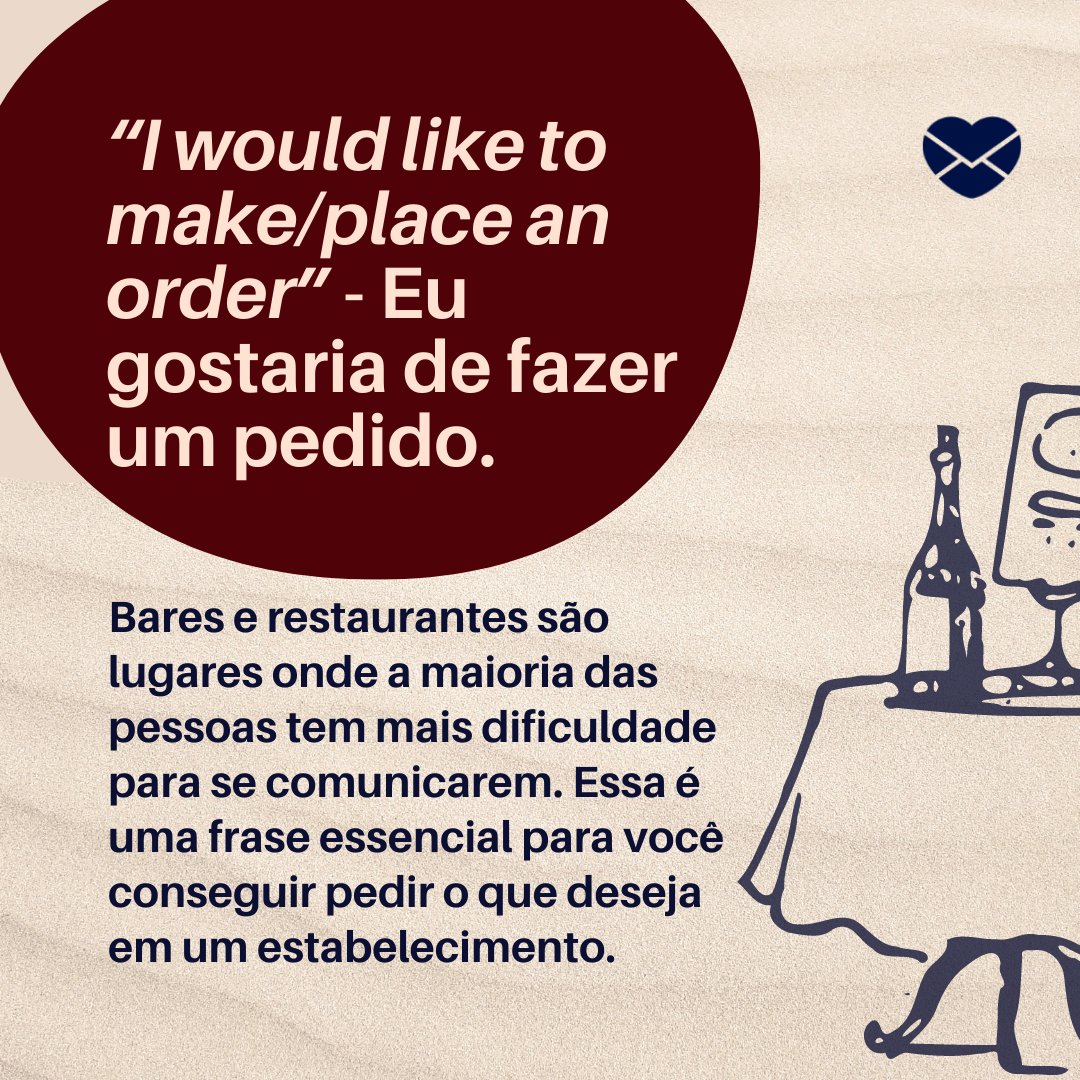 '“I would like to make/place an order” - Eu gostaria de fazer um pedido. Bares e restaurantes são lugares onde a maioria das pessoas tem mais dificuldade para se comunicarem. Essa é uma frase essencial para você conseguir pedir...' - Frases essenciais para se comunicar no exterior