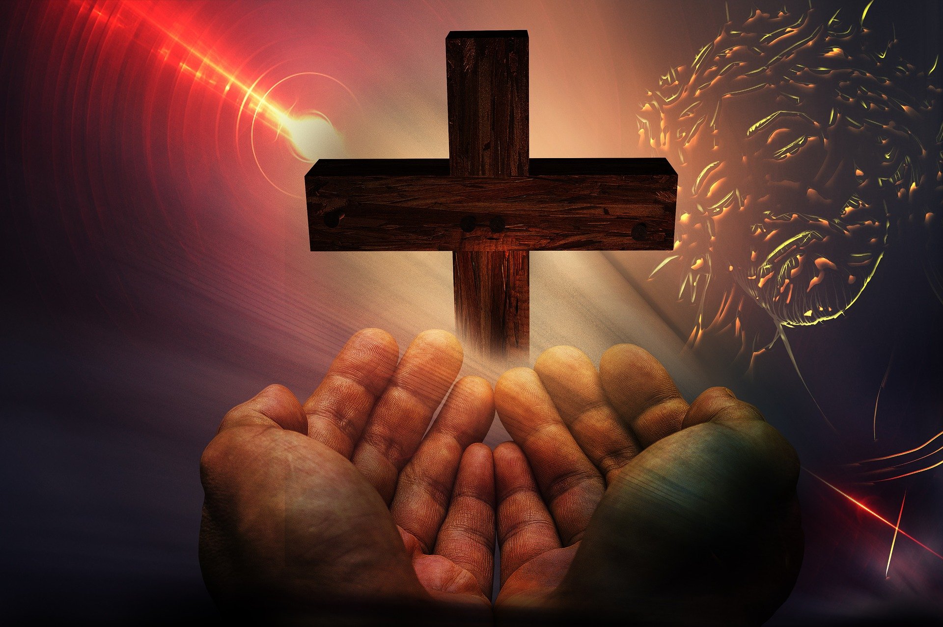 Uma ilustração de duas mãos erguidas próximas à uma cruz