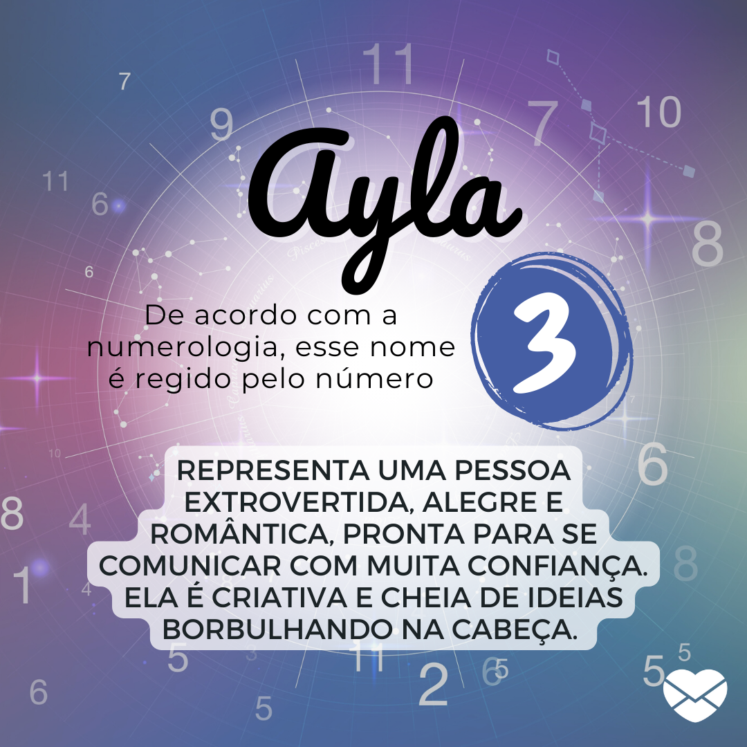 'Ayla De acordo com a numerologia, esse nome é regido pelo número 3. Representa uma pessoa extrovertida, alegre e romântica, pronta para se comunicar com muita confiança. Ela é criativa e cheia de ideias borbulhando na cabeça. ' - Significado do nome Ayla