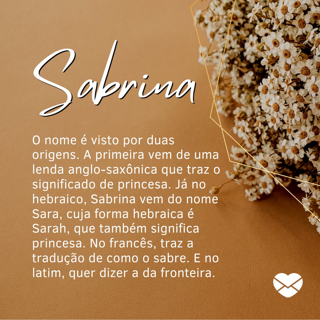 'O nome é visto por duas origens. A primeira vem de uma lenda anglo-saxônica que traz o significado de princesa. Já no hebraico, Sabrina vem do nome Sara, cuja forma hebraica é Sarah, que também significa princesa. No francês, traz a tradução de como o sabre...' Frases de Sabrina