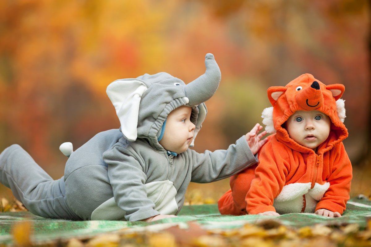 Um bebê fantasiado de elefante e um bebê fantasiado de urso brincando juntos