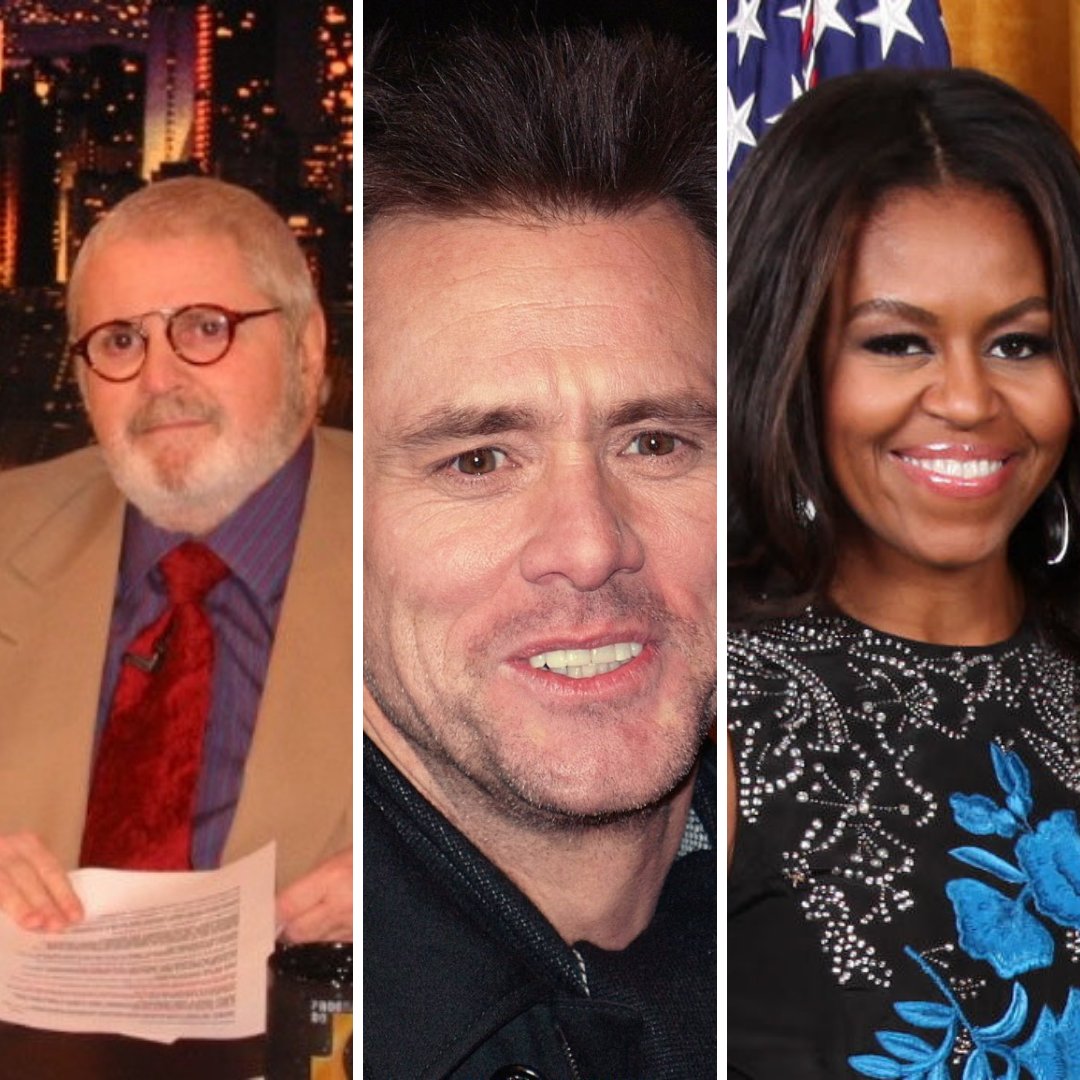 Imagem em grid do apresentador Jô Soares, do comediante Jim Carrey e da advogada Michelle Obama